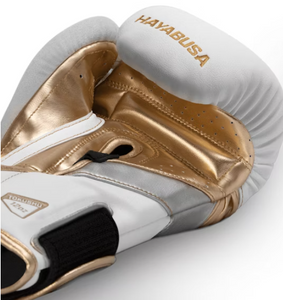 Kit guantes y espinilleras Hayabusa T3 (blanco/oro)