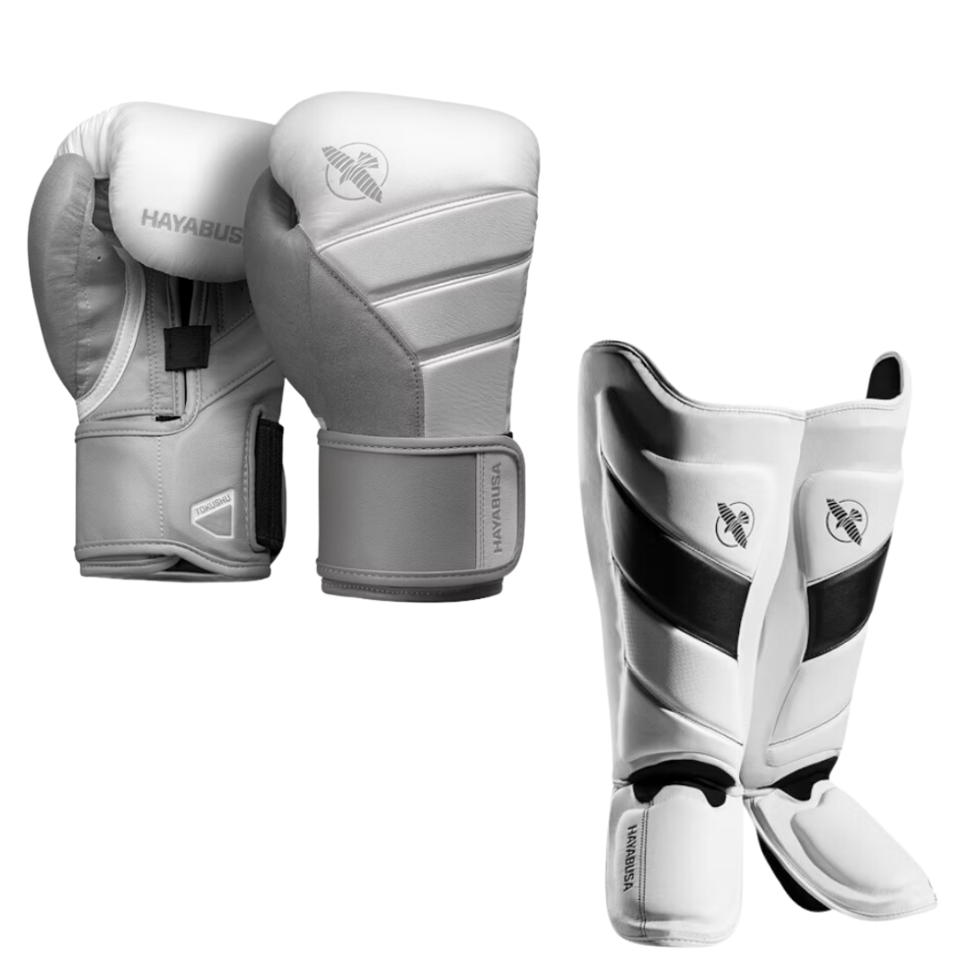 Kit guantes y espinilleras Hayabusa T3 (blanco/negro)