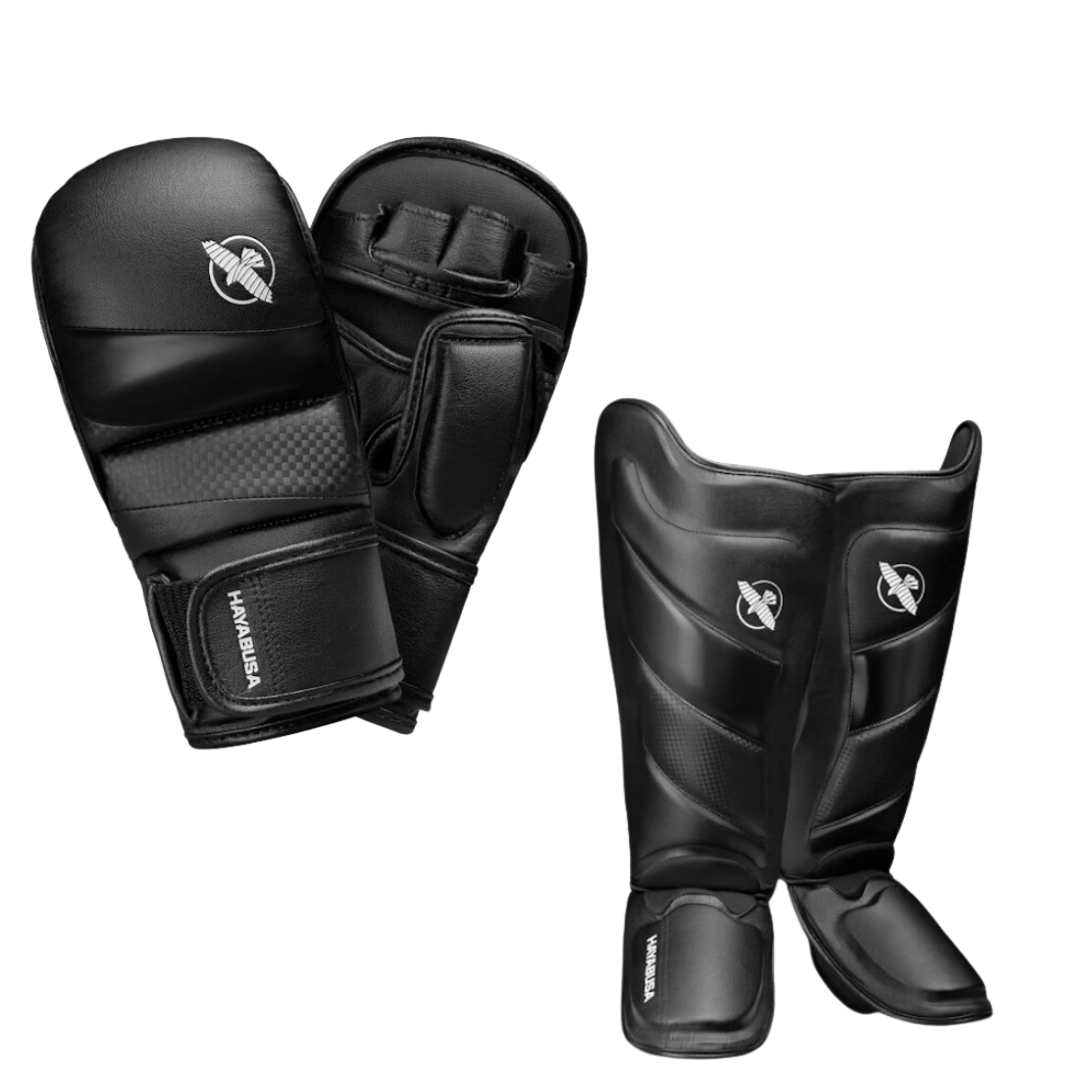 Kit guantes de MMA y espinilleras Hayabusa T3 (negro)