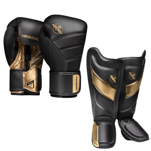 Kit guantes y espinilleras Hayabusa T3 (negro/oro)