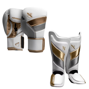 Kit guantes y espinilleras Hayabusa T3 (blanco/oro)