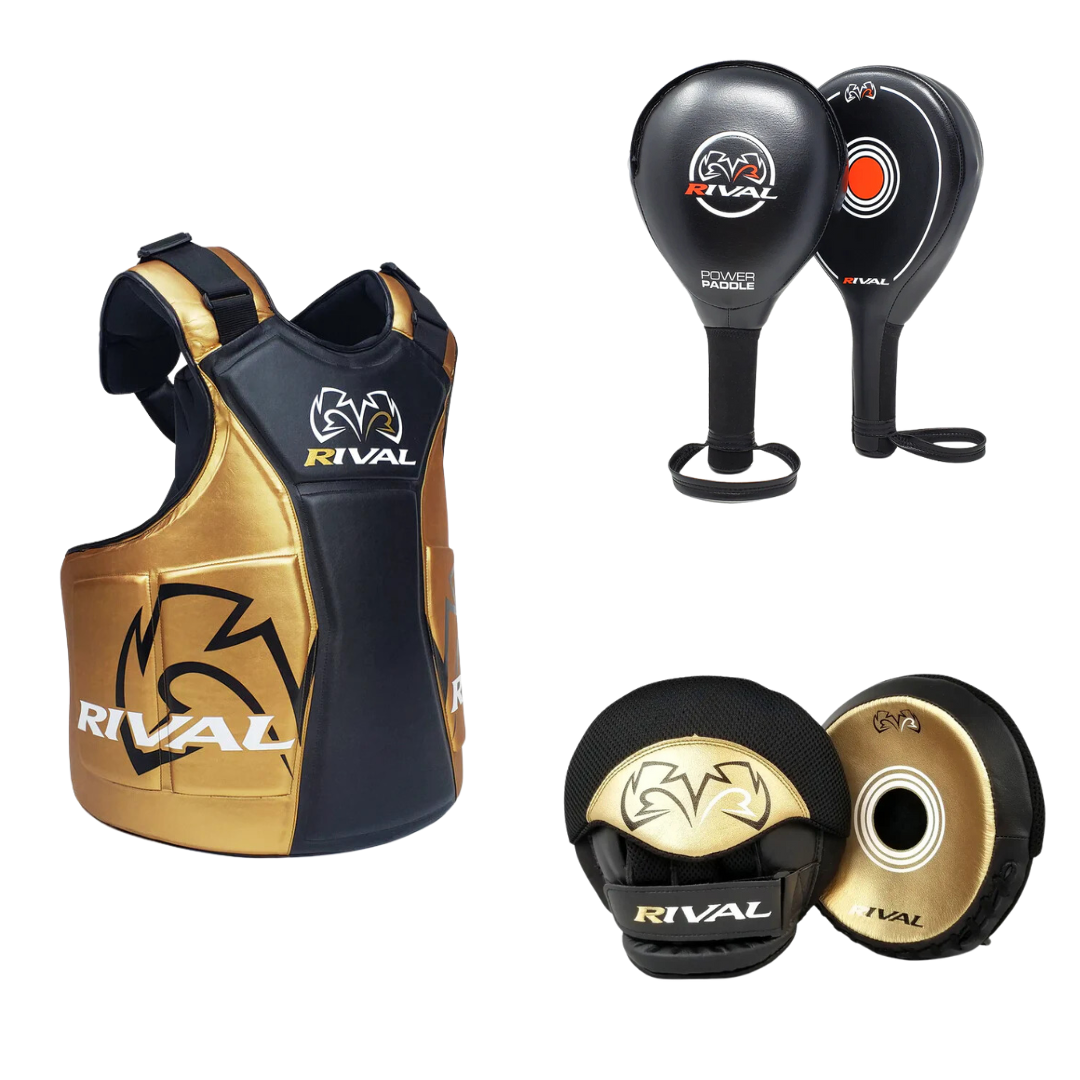 Kit de entrenador Rival Peto, Manoplas, Paletas (dorado/negro)